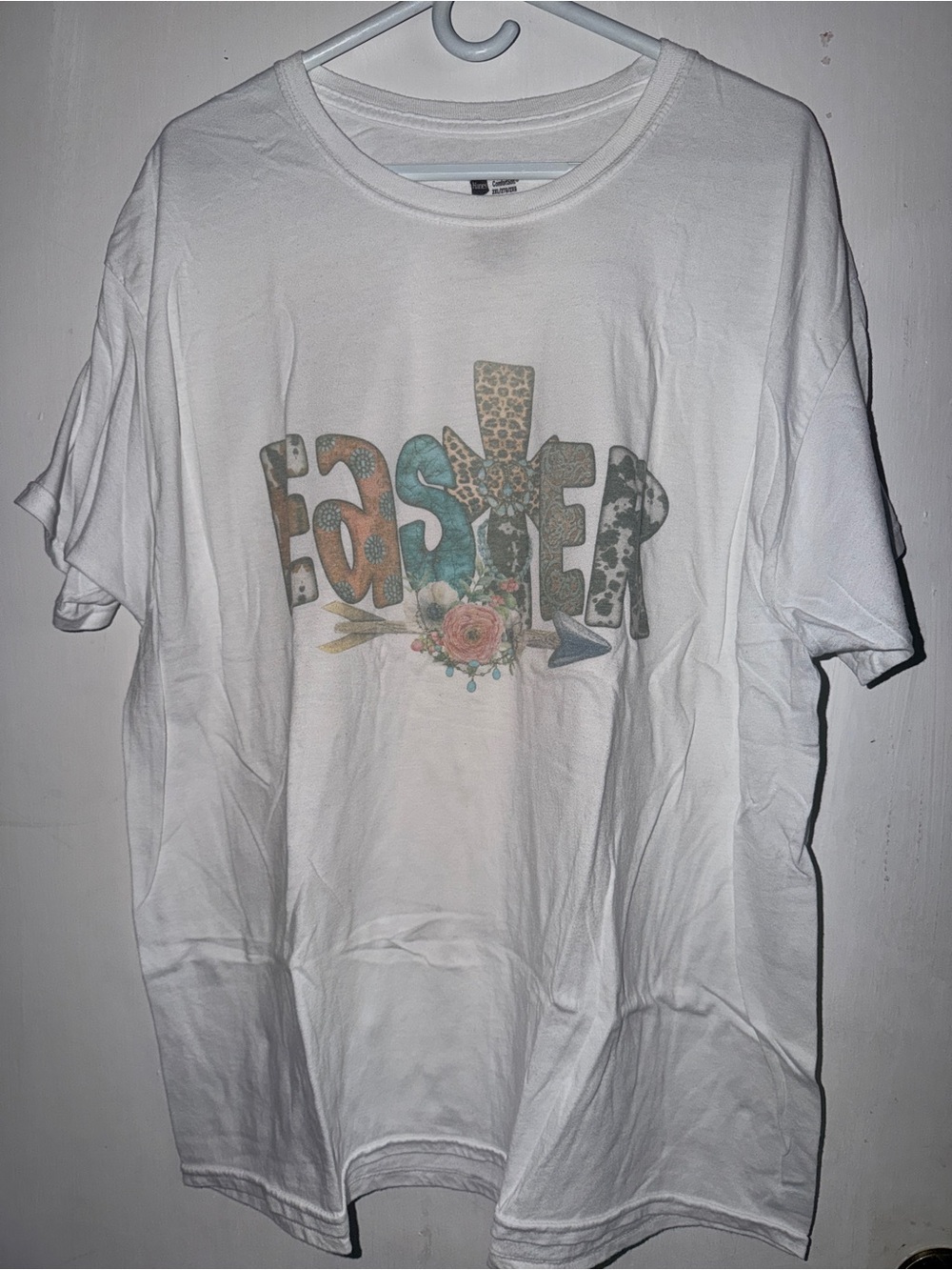 Hanes White Short Sleeve Tee with Pastel Easter Graphic